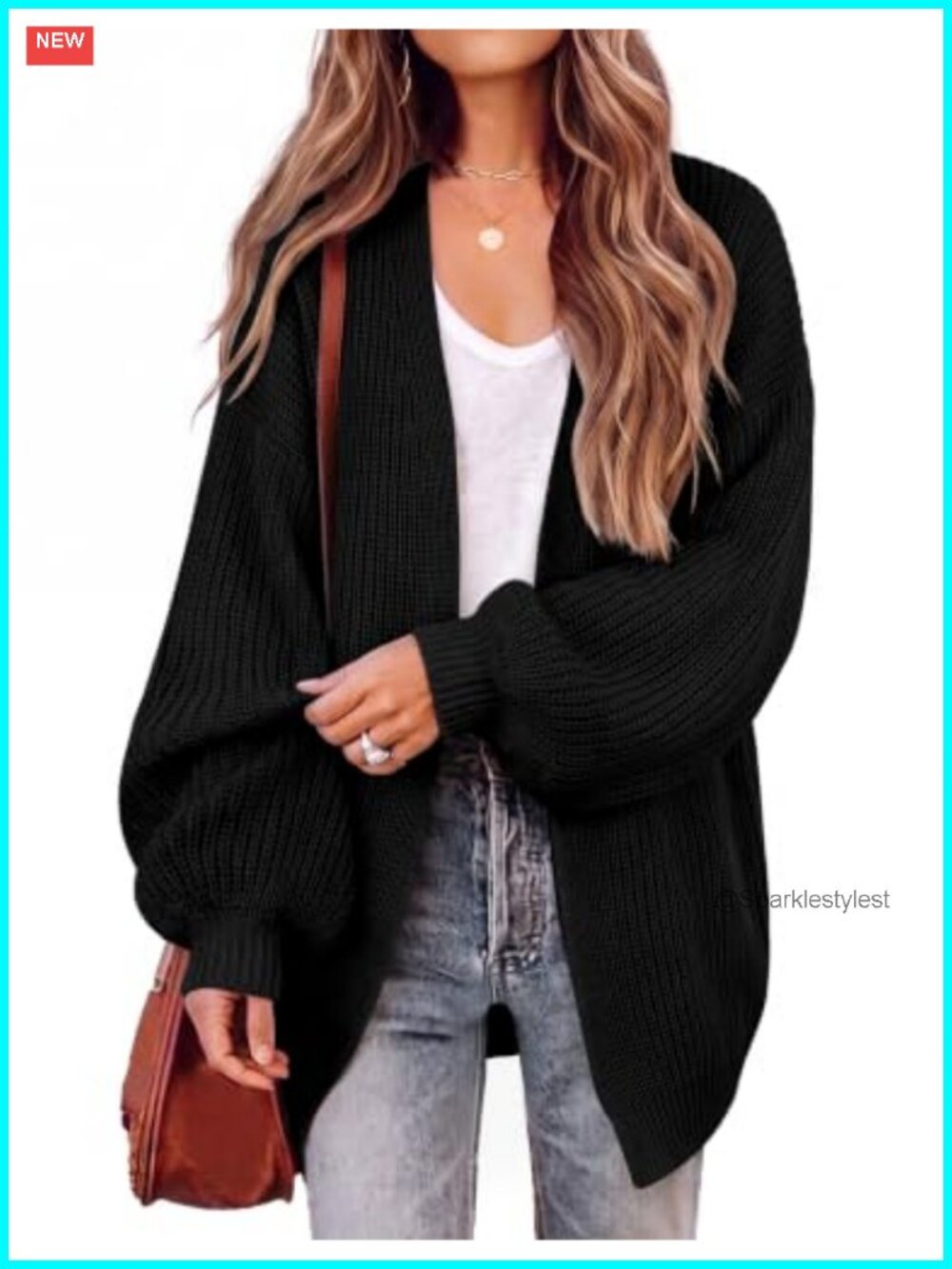 Oversized Chunky Knit Long Sleeve Cardigan Waffle Bell Sleeve